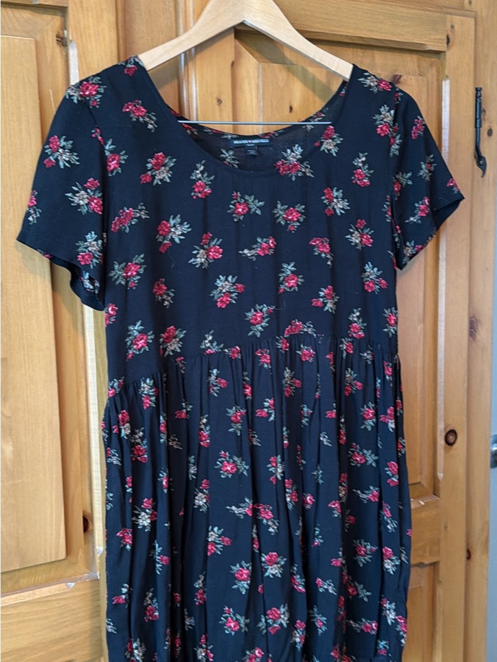 Brandy Melville Black Floral Short Sleeve Midi Dress with Red Rose Print